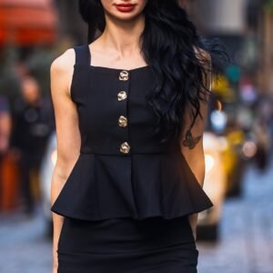 Alternative view of NOİR PEPLUM  GOLD-BUTTON BLACK VEST TOP